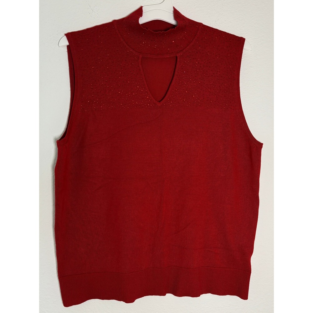 Cable & Gauge Red Rhinestone Mock‎ Neck Keyhole Sweater Vest Sleeveless Top L
